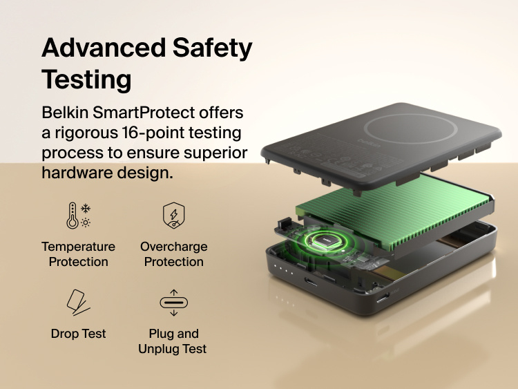 Belkin BoostCharge Slim Magnetic Power Bank 10K internal component view highlighting SmartProtect 16-point safety testing with temperature, overcharge, drop, and plug/unplug protection