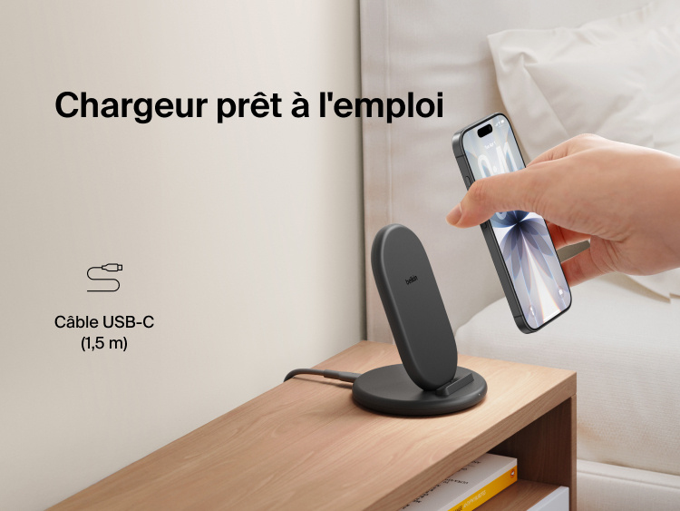 Belkin BoostCharge Wireless Charging Stand 15W shown alongside Belkin&rsquo;s sustainability commitment graphic highlighting renewable energy progress toward 100% by 2030.