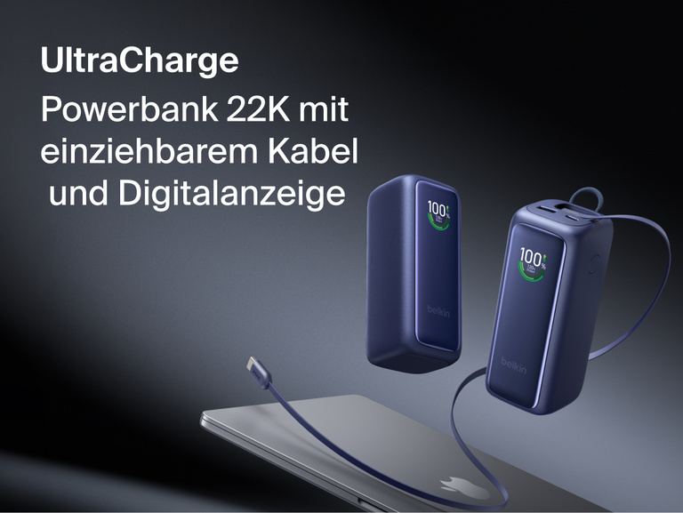 UltraCharge Powerbank 22K mit einziehbarem Kabel aus zwei Perspektiven dargestellt, mit Akkustandsanzeigen von 100 % und ausgezogenem, integriertem einziehbarem USB-C-Kabel.