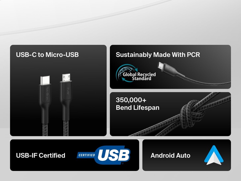Feature callout graphic of the Belkin BoostCharge USB-C to Micro-USB Braided Cable 15W showcasing USB-IF certification, 350,000+ bend lifespan, PCR materials, and Android Auto compatibility.