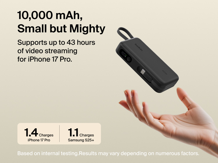 Belkin UltraCharge 10K power bank with integrated USB-C cable and digital display, delivering up to 45W fast charging and extended battery life for smartphones