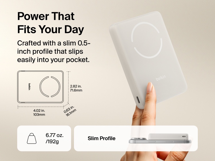 Belkin BoostCharge Slim Magnetic Power Bank 10K slim portable design with compact dimensions and lightweight build for easy pocket storage