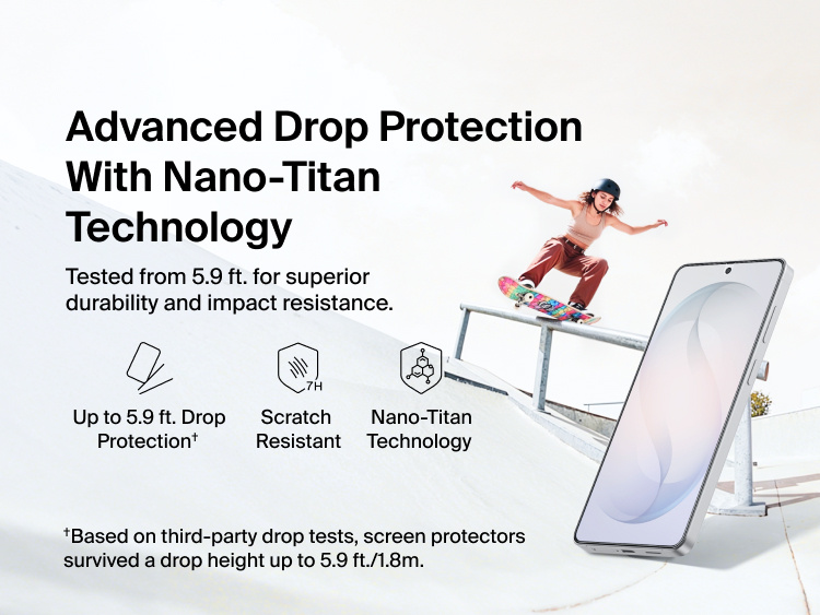 Belkin ScreenForce Titan EcoGuard Anti-Reflective Screen Protector for Samsung Galaxy S26 highlighting nano-titan technology, 7H scratch resistance, and up to 5.9 ft drop protection for enhanced durability.
