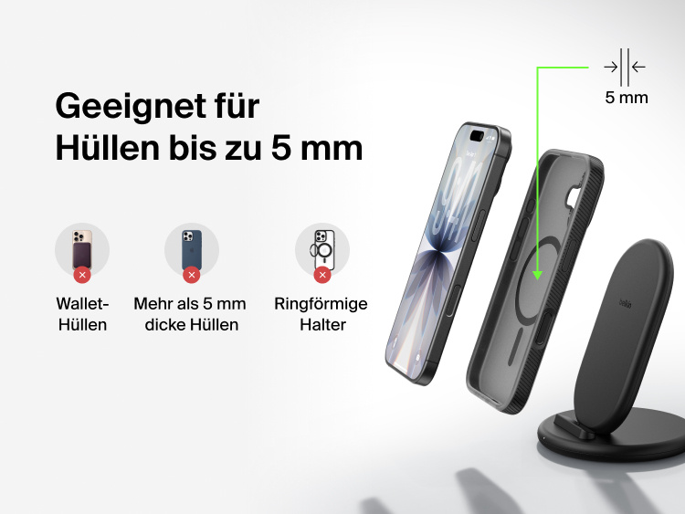 Belkin BoostCharge Wireless Charging Stand 15W shown charging through phone cases up to 5mm thick, not compatible with wallet cases, thick cases, or ring grips.