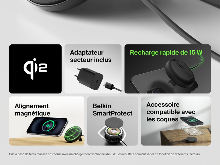 Image montrant l’ensemble des fonctionnalités d’une station de recharge sans fil noire Belkin BoostCharge Pro avec Qi2 (15 W), mettant en avant la certification Qi2, l’adaptateur secteur inclus, la fonction de recharge rapide (15 W), la fonction d’alignement magnétique, la procédure de sécurité Belkin SmartProtect et la compatibilité du produit avec les coques de protection.