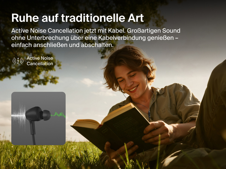 Belkin SoundForm ANC Wired Earbuds with USB-C® provide active noise cancellation for rich, uninterrupted sound while reading or relaxing outdoors.