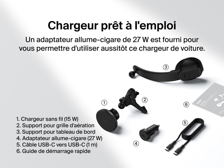Belkin BoostCharge Magnetic Wireless Charging Car Vent and Dash Mount shown with all included components: 15W charger, vent mount, dash mount, 27W car adapter, USB-C cable, and quick start guide.