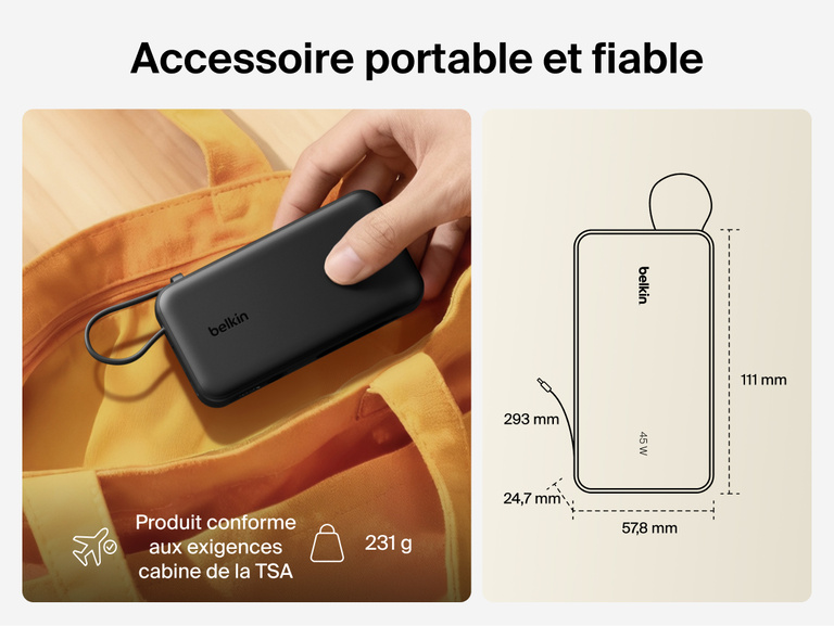 Belkin UltraCharge 10K power bank with integrated USB-C cable and digital display shown as a lightweight, TSA carry-on approved portable charger for everyday travel