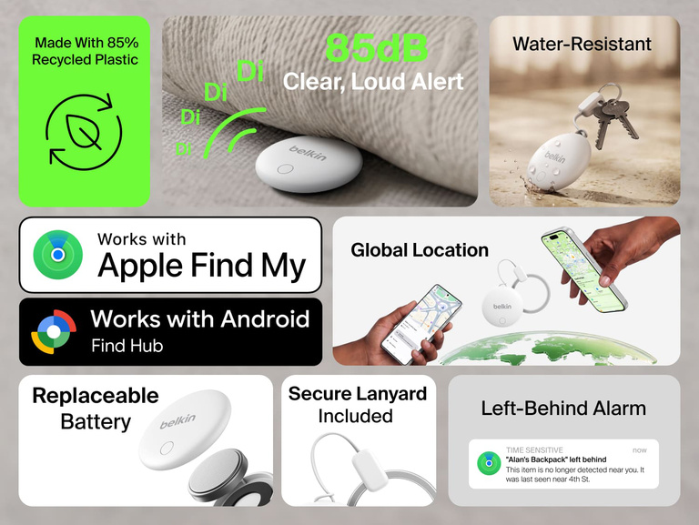 Belkin SureFind Spot features Apple Find My and Android Find Hub compatibility, global location tracking, an 85dB alert, replaceable battery, water resistance and secure lanyard.