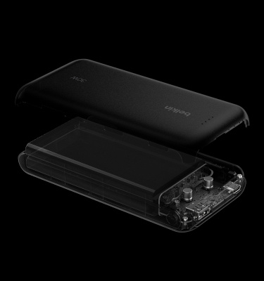 黒い背景にバッテリーや回路などの内部コンポーネントの分解図が表示された、Belkin BoostChargeモバイルバッテリー20K（一体型ケーブル付き）のデジタルレンダリング画像。