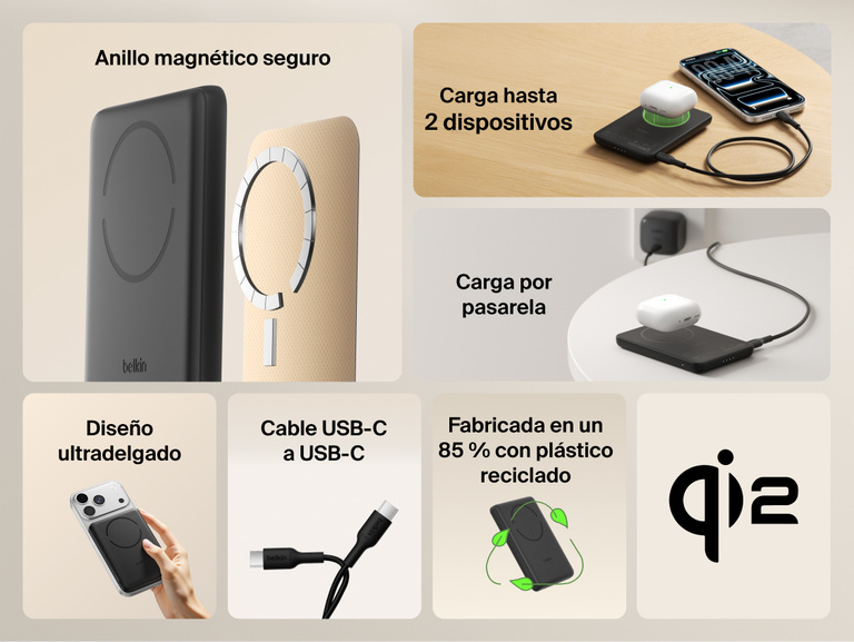 Belkin BoostCharge Slim Magnetic Power Bank 5K with Qi2 shown highlighting secure magnetic attachment, ultra-slim design, dual-device charging, USB-C connectivity, pass-through charging, and sustainability features.