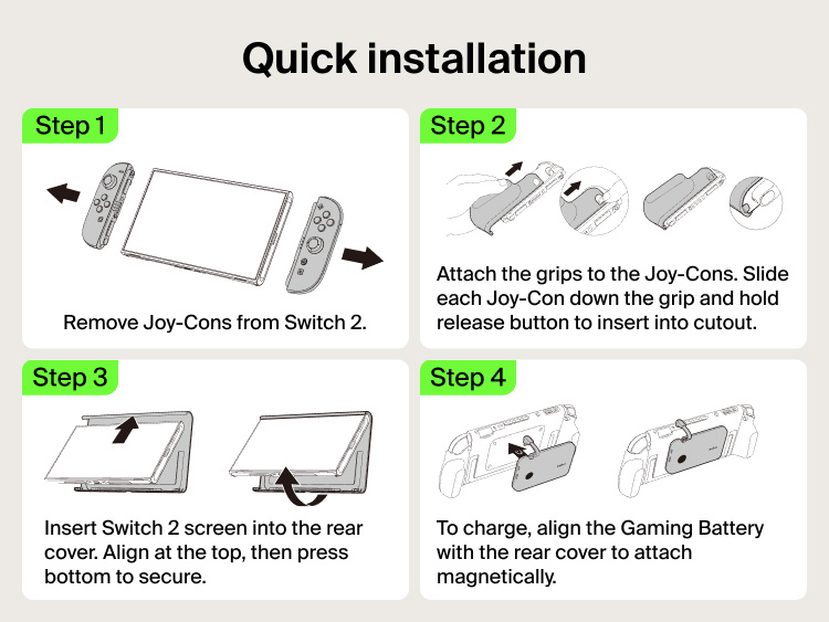 Step-by-step installation guide for the Belkin Gaming Charging Grip for Nintendo Switch 2, showing Joy-Con attachment, console insertion, and magnetic power bank setup.