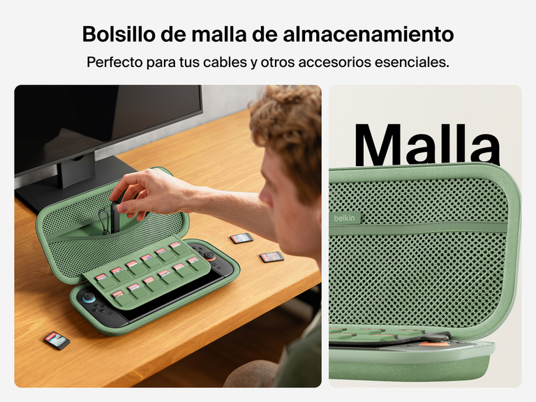 User opens the Belkin Gaming Travel Case for Nintendo Switch 2 to access the mesh utility pocket, ideal for organizing cables and small accessories alongside a 12-slot game card sleeve.