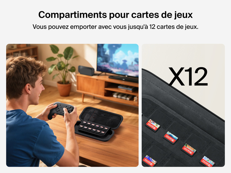 Image d'un homme en train de jouer en utilisant une manette de jeu et la pochette de transport Belkin Gaming pour Nintendo Switch 2 qui est dotée de compartiments de rangement pour cartes de jeux (12).