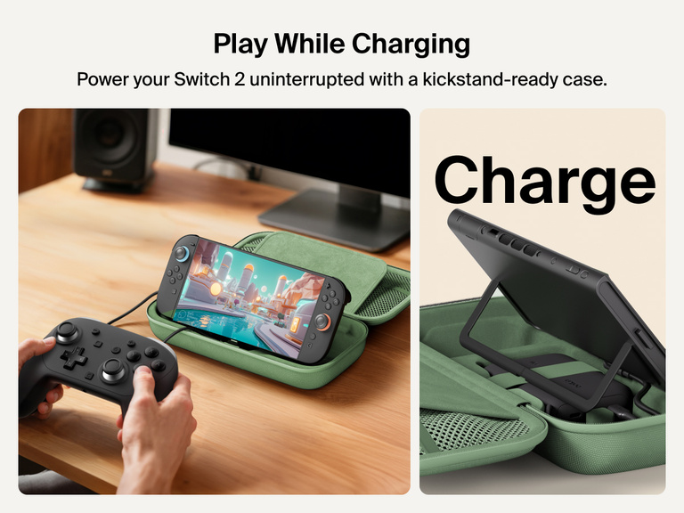 The Belkin Gaming Charging Case powers the Nintendo Switch 2 while in use, featuring a built-in kickstand for hands-free gameplay and uninterrupted charging with a connected controller.