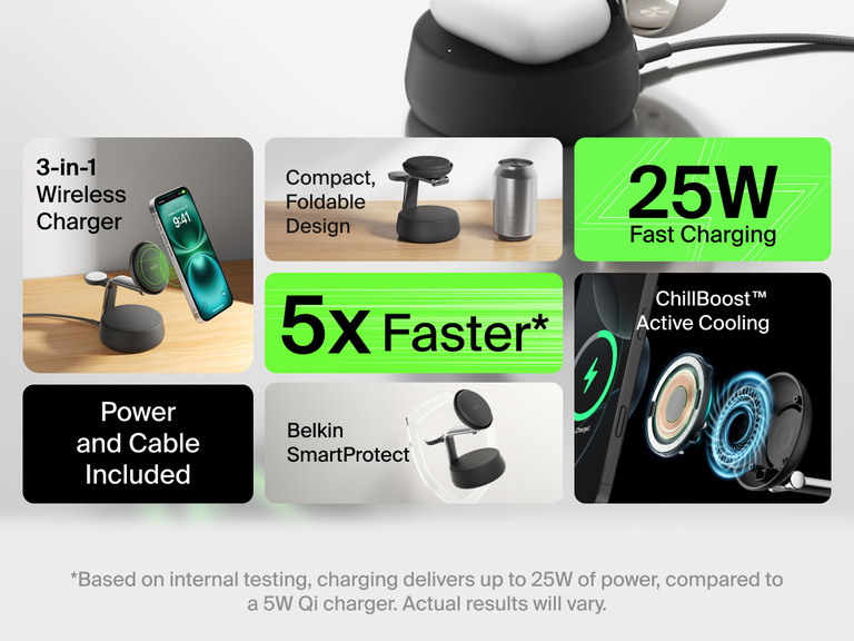 Belkin UltraCharge Pro 3-in-1 Magnetic Charging Dock with Qi2 25W features fast wireless charging, ChillBoost™ active cooling, and a compact, foldable design for iPhone, Apple Watch, and AirPods.