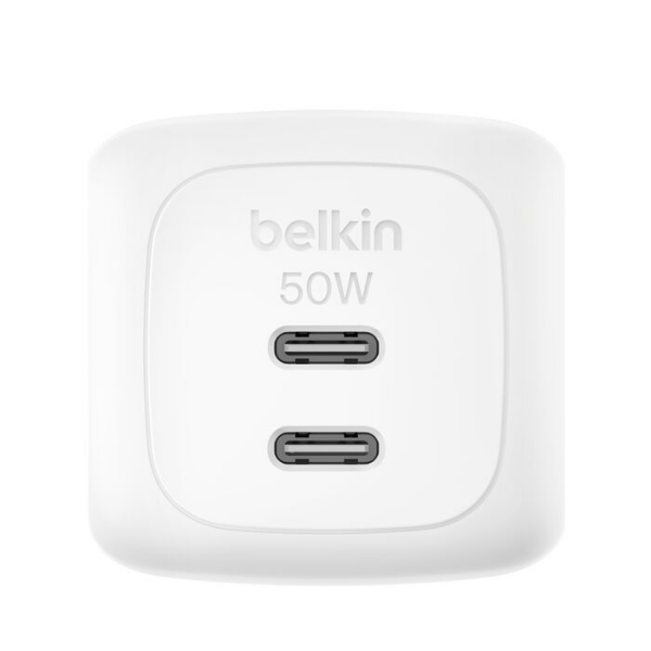 Belkin 50W wall charger with two USB-C ports on a white compact charging block.