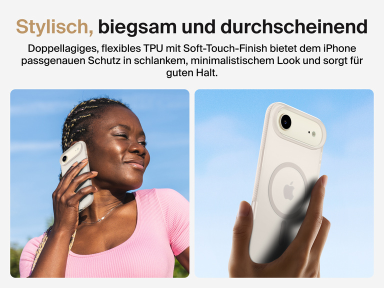 Belkin SheerForce Grip Series Case for iPhone 17 with slim translucent design and soft-touch finish for a comfortable grip.