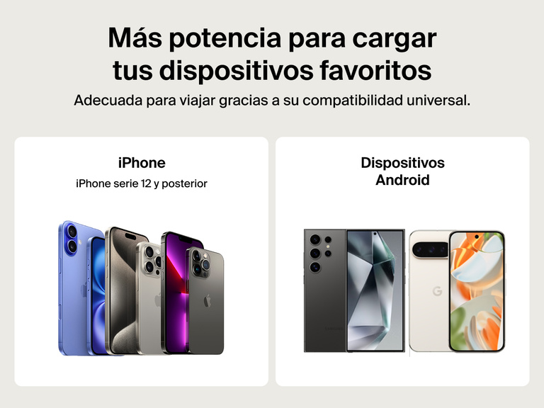 Belkin BoostCharge Slim Magnetic Power Bank 5K shown compatible with Android devices, iPhone series 12 and later, and magnetic accessories like wallets and PopSockets for universal travel-ready charging.