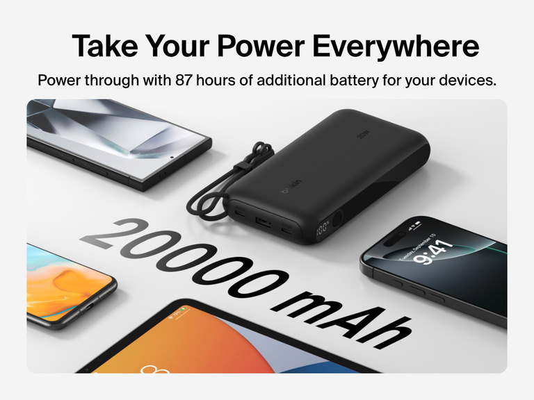 Belkin BoostCharge Power Bank 20K with Display shown delivering up to 87 hours of extra battery life with a 20,000mAh capacity, compact design, and detachable USB-C cable for portable power on the go.
