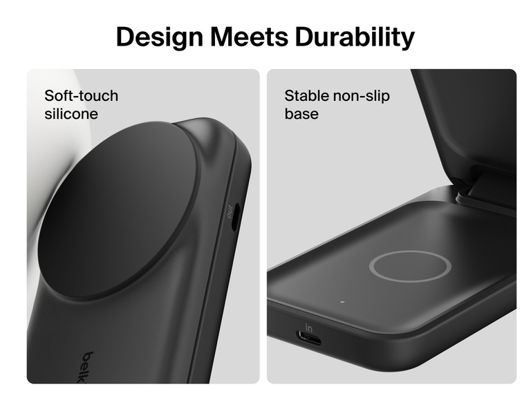 Close-up of Belkin UltraCharge 2-in-1 Foldable Magnetic Charger with Qi2 25W, featuring soft-touch silicone and a stable non-slip base for enhanced durability and secure charging.