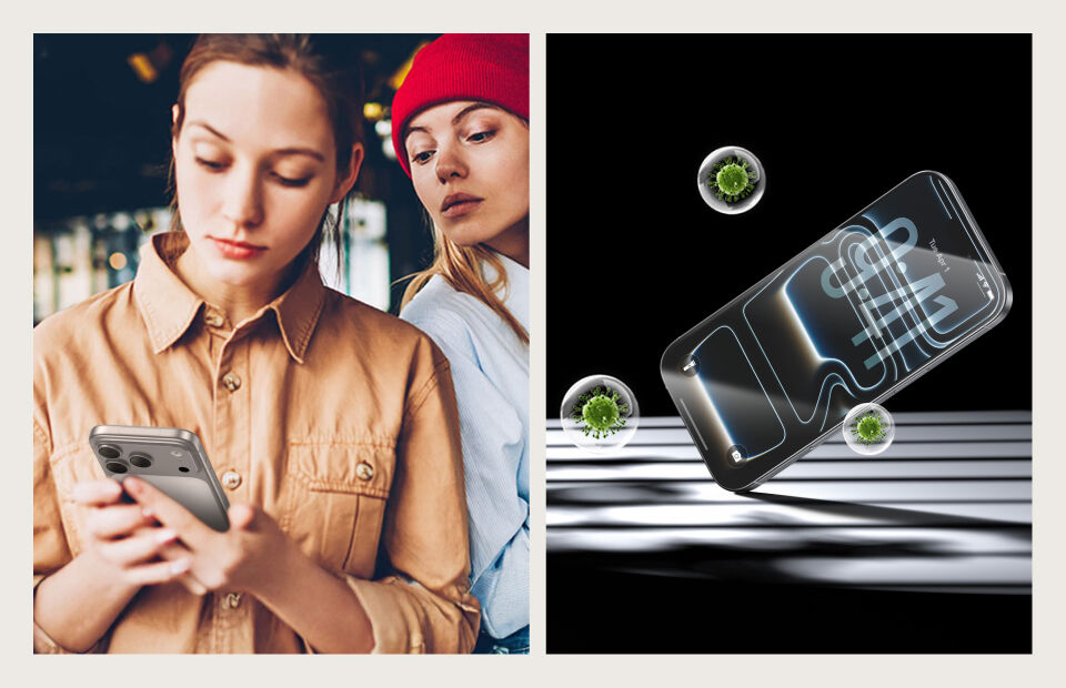 Split image showing privacy and antimicrobial screen protector benefits. Left: woman in tan shirt using phone while another woman in red beanie peers over her shoulder, illustrating screen privacy. Right: smartphone with floating green microbes around it, highlighting antimicrobial protection.