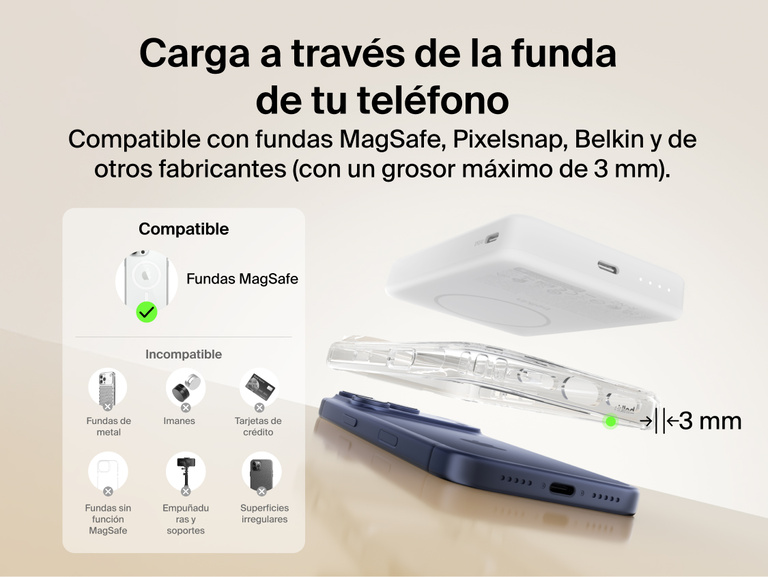 Belkin BoostCharge Slim Magnetic Power Bank 10K charging through a MagSafe-compatible phone case up to 3mm thick with clear compatibility and non-compatible case examples