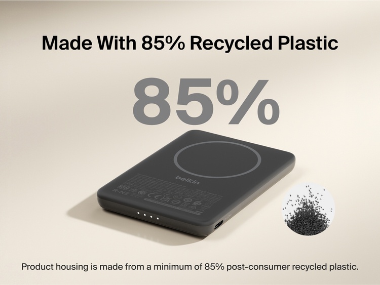 Belkin BoostCharge Slim Magnetic Power Bank 5K shown with text highlighting that its housing is made from 85% post-consumer recycled plastic for sustainable design.