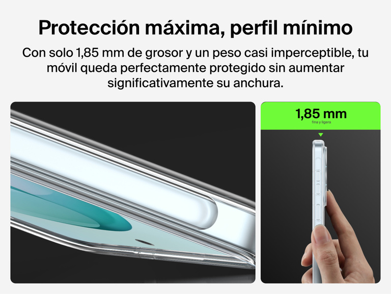 Belkin SheerForce Clear Series Case for Samsung Galaxy S26 shown in side profile, highlighting a slim 1.85 mm design that adds minimal thickness while delivering durable, everyday phone protection.