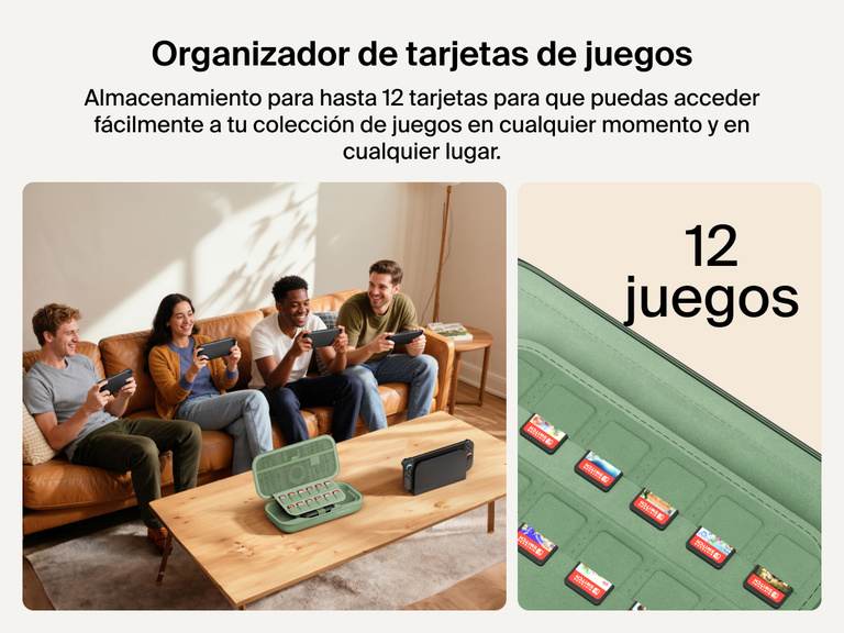 Four friends play on Nintendo Switch 2 consoles while the Belkin Gaming Charging Case sits open on the table, highlighting its built-in sleeve that securely stores up to 12 game cards.