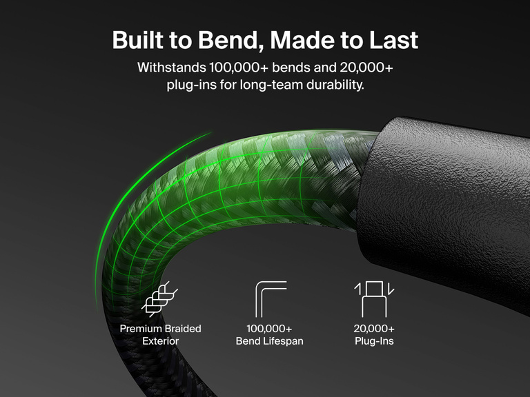 Belkin BoostCharge Pro Magnetic USB-C Cable 240W with premium braided exterior, built to withstand 100,000+ bends and 20,000+ plug-ins for long-term durability.