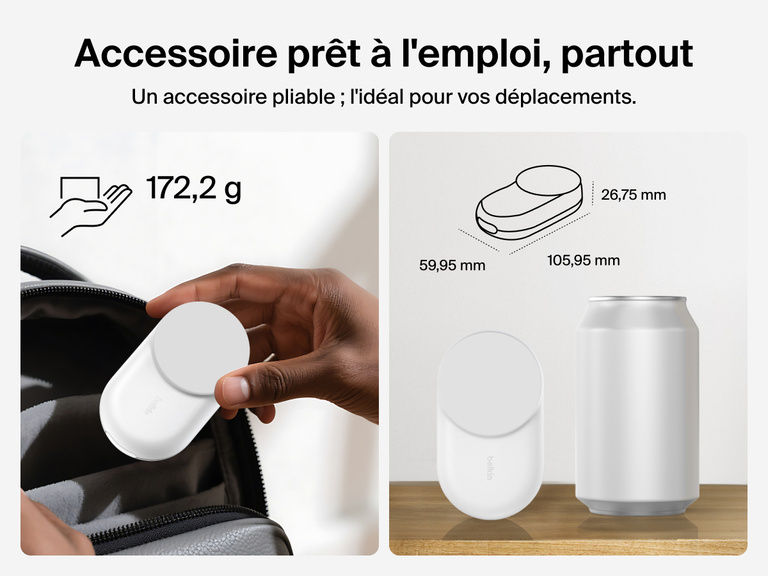 Socle de recharge 3-en-1 aimanté et pliable Belkin UltraCharge avec Qi2 (25 W) au design compact, idéal pour les déplacements, avec un poids de 189 g, parfait pour charger partout.