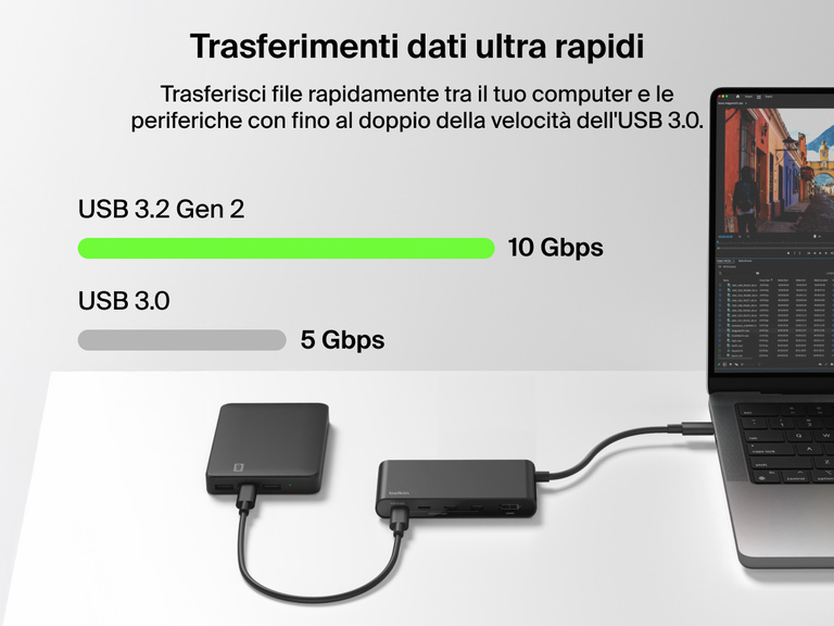 Belkin Connect 5-Port USB-C Hub with 4K HDMI enables lightning-fast USB 3.2 Gen 2 data transfer up to 10Gbps for MacBook.