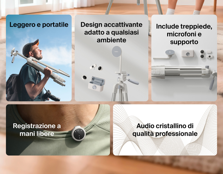 Image showing Belkin Stage Creator Kit with tripod, mic, and mount highlighting features like hands-free recording, crystal-clear pro audio, lightweight portability, and sleek design for any space.