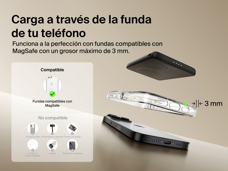 Belkin BoostCharge Slim Magnetic Power Bank 5K shown aligning with a smartphone and MagSafe-compatible case, demonstrating wireless charging through cases up to 3mm thick.