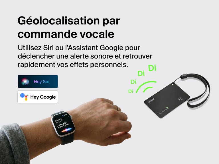 Image de la carte Belkin&nbsp;SureFind et de sa dragonne, qui peut &ecirc;tre utilis&eacute; avec les commandes vocales Siri ou Google&nbsp;Assistant pour &eacute;mettre un son et g&eacute;olocaliser les objets perdus.