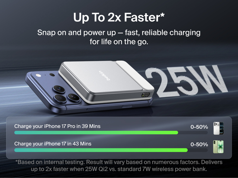 Belkin UltraCharge Slim Magnetic Power Bank 10K charging two devices simultaneously with 30W shared power, 25W wireless output, and USB-C fast charging capability