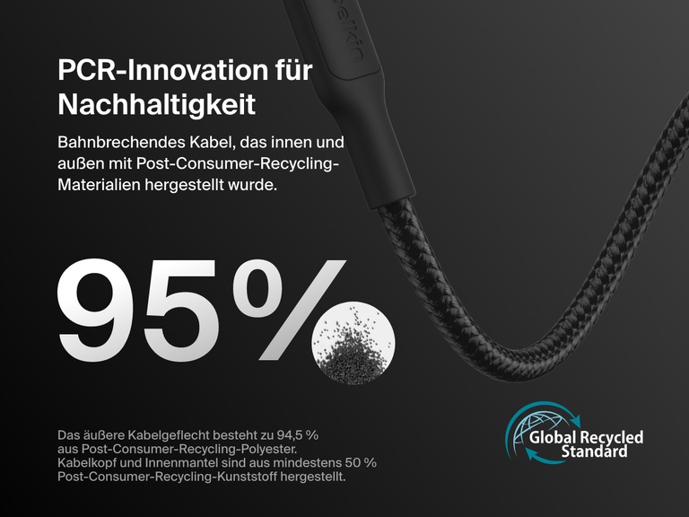 Close-up of the Belkin BoostCharge USB-C to Micro-USB Braided Cable 15W highlighting 95% recycled material construction and Global Recycled Standard certification on a dark background.