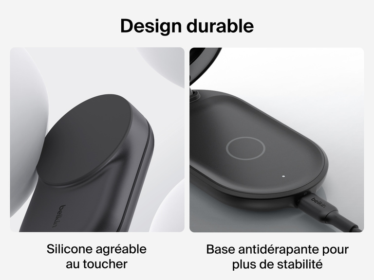 Socle de recharge 3-en-1 aimanté et pliable Belkin UltraCharge avec Qi2 (25 W) doté d'un revêtement en silicone agréable au toucher et d'une base antidérapante pour une recharge sans fil sécurisée et durable.