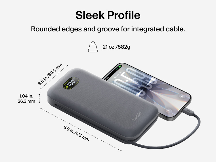 UltraCharge Pro Laptop Power Bank 27K with slim rounded design, integrated cable groove, and compact dimensions charging a smartphone