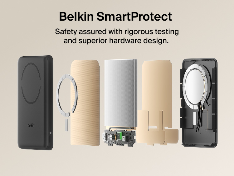 Belkin BoostCharge Slim Magnetic Power Bank 5K with Qi2 shown with Belkin SmartProtect internal components designed for safe, reliable charging performance.