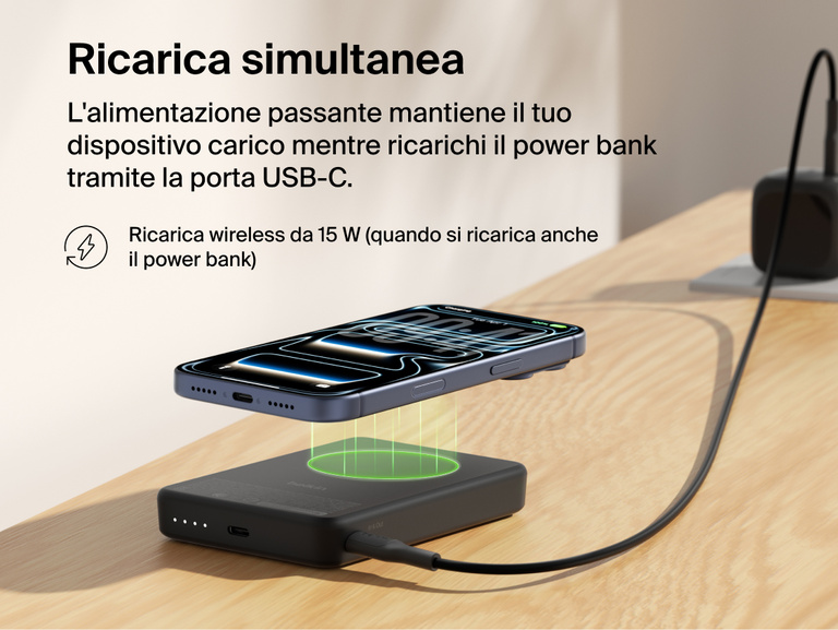 Slim Magnetic Power Bank 10K with Qi2 wirelessly charging smartphone while recharging via USB-C pass-through connection
