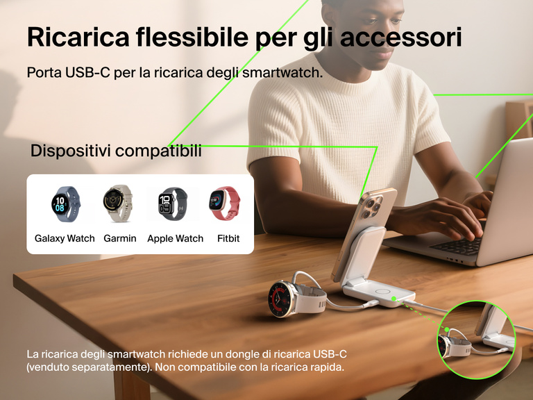 Immagine del caricabatteria magnetico pieghevole 2 in 1 con Qi2 da 25 W Belkin UltraCharge che ricarica un iPhone e uno smartwatch tramite la porta USB-C aggiuntiva, compatibile con Apple Watch, Galaxy Watch, Garming e Fitbit.