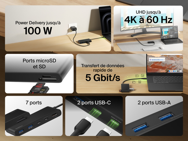 Belkin Connect 7-Port USB-C Hub with Dual USB-C Ports featuring 100W power delivery, 4K HDMI, SD and microSD slots, 5Gbps transfer speed, and multiple USB-C and USB-A ports.