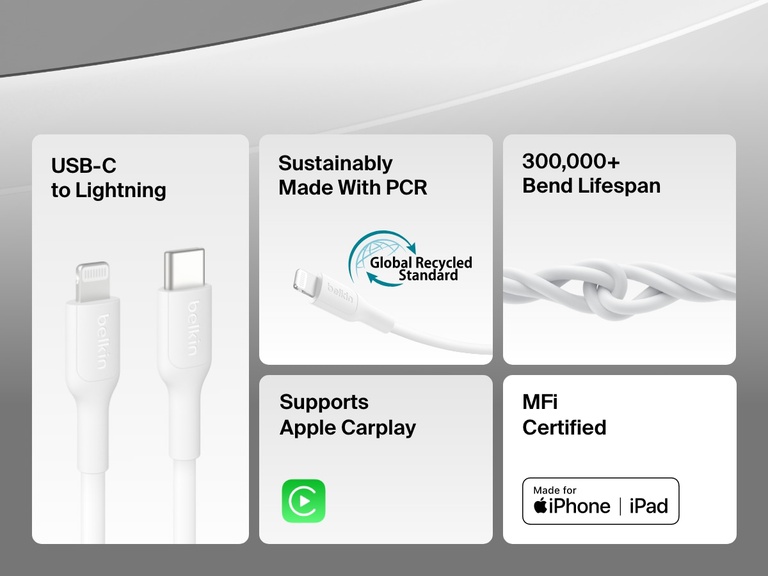 Feature overview of the Belkin BoostCharge USB-C Cable with Lightning Connector, highlighting its MFi certification, Apple CarPlay support, 300,000+ bend lifespan, and use of recycled materials.