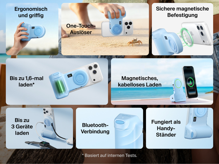 Belkin Stage PowerGrip shown in multiple lifestyle and product views highlighting ergonomic grip design, magnetic wireless charging, Bluetooth connectivity, phone stand functionality, and ability to charge up to three devices.