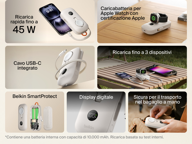 Il prodotto power bank 10K con caricabatteria per Apple Watch Belkin BoostCharge offre una ricarica rapida fino a 45 W, un cavo USB-C, un display digitale, un caricabatteria per orologio certificato Apple, la conformit&agrave; alle normative per il trasporto in aereo e la massima sicurezza tramite lo standard Belkin SmartProtect.