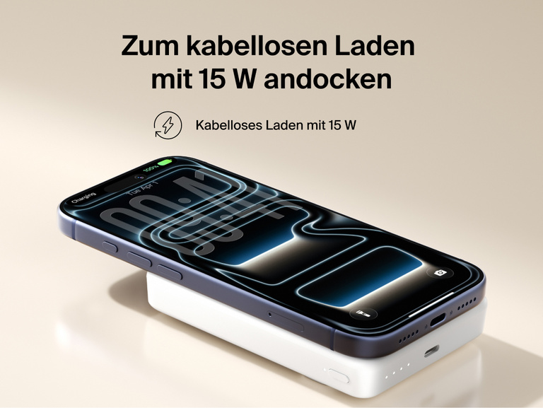 Slim Magnetic Power Bank 10K with Qi2 magnetically attached to smartphone demonstrating wireless charging capability