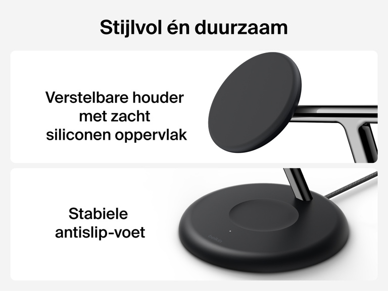 Belkin UltraCharge 3-in-1 Wireless Charging Stand with Qi2 25W highlighting soft-touch adjustable magnetic mount and stable non-slip base for durable everyday use