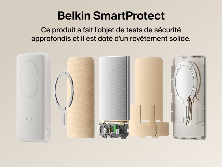 Belkin BoostCharge Slim Magnetic Power Bank 5K with Qi2 shown with Belkin SmartProtect internal components designed for safe, reliable charging performance.